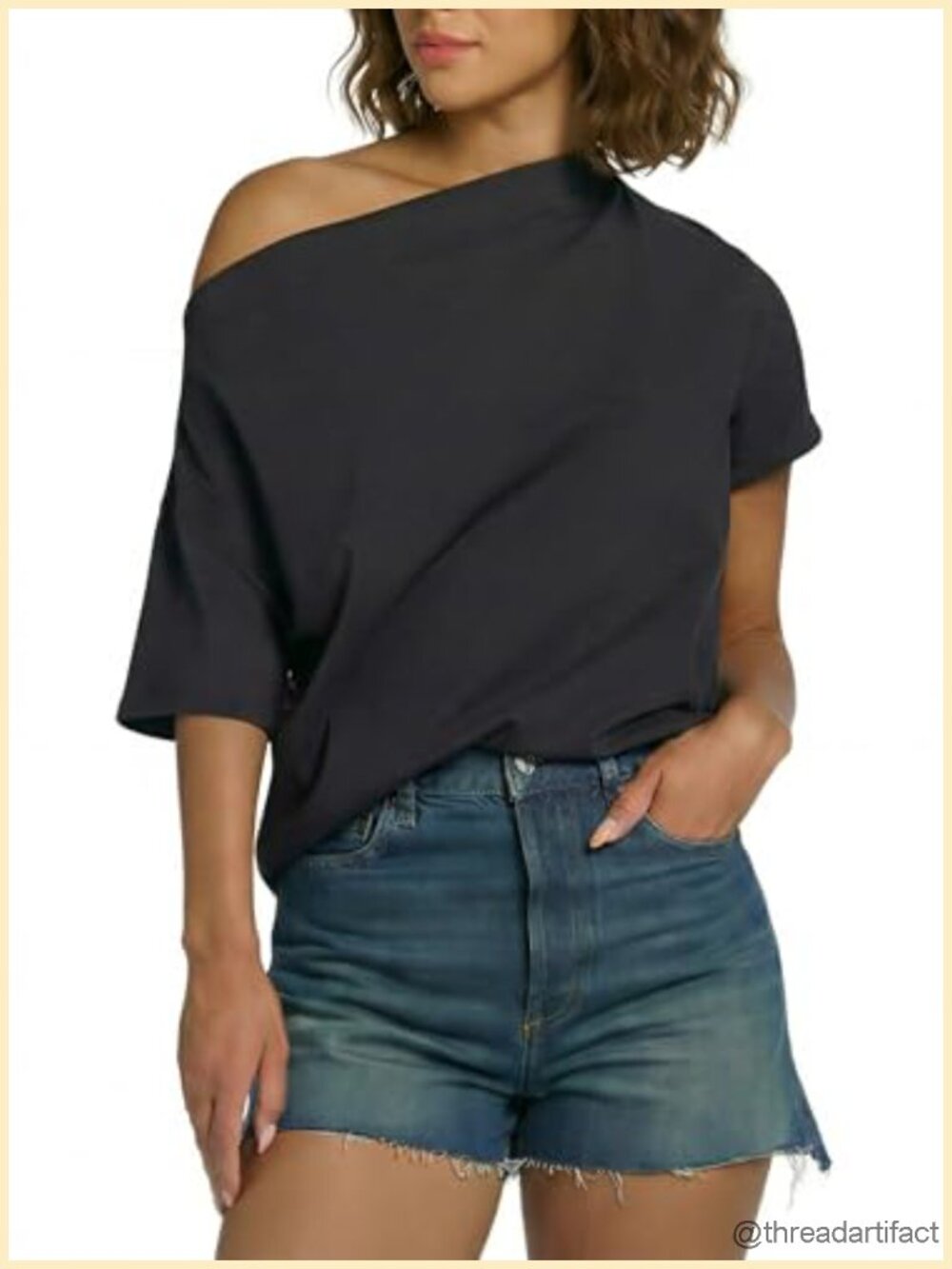 Oversized Cotton Boatneck Tee Two-Way Neckline Relaxed Short Sleeve Top